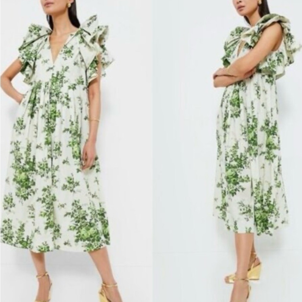 Tuckernuck Green and White Floral Ruffle Midi Dress - Picture 2 of 6